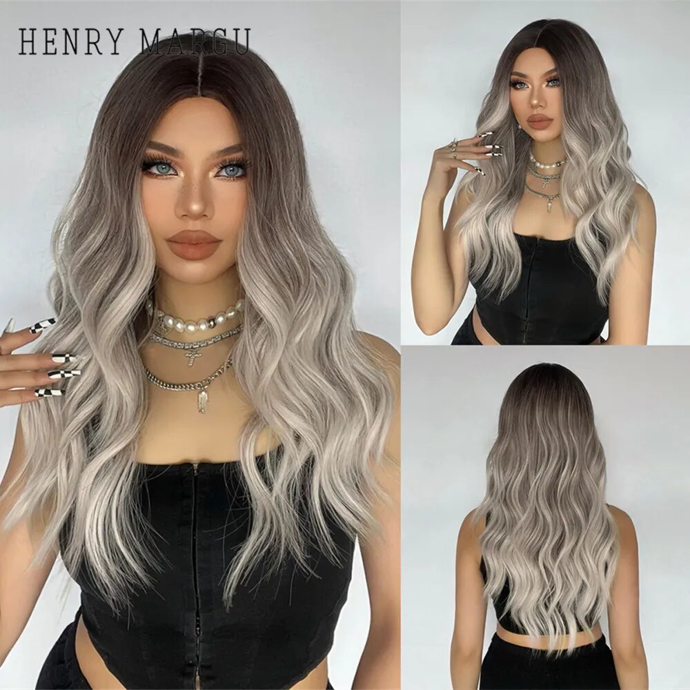 HENRY MARGU Ombre Gray Blonde Water Wavy Wig Natural Middle Part Synthetic Wigs Heat Resistant Fiber Women Daily Party Fake Hair