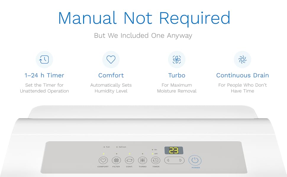 dehumidifier control panel with 1-24h timer comfort turbo and continuous drain modes