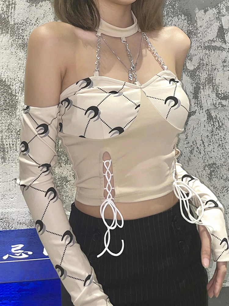 Y2K Top New Year 2022 Anime T-Shirt Long Sleeve Crop Top Backless Women's Tee Shirt Sexy Slim Halter Top Christmas Clothes