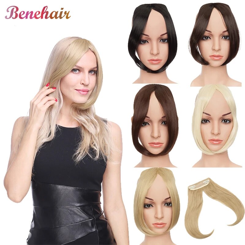 BENEHAIR 2 Clips In Middle Part Bangs Hairpieces Synthetic Clip In Hair Extension Top Hair Piece For Women Fake Hair 30g