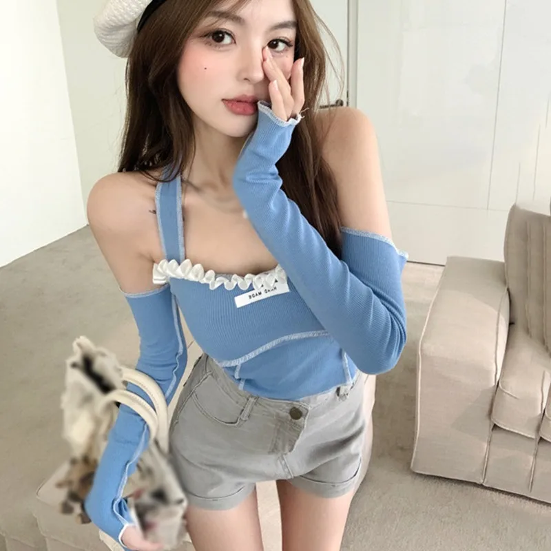 Korean Hanging Neck T-shirt Sexy Short Long Sleeve T-shirt Ruffled Edge Slim Fit Off Shoulder Women's Long Sleeve T-shirt