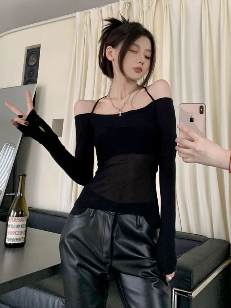 Halter T-shirts Women Slim Black Patchwork Hotsweet New Thin Sexy Off-shoulder Chic Designed Korean Fashion Streetwear Crop Tops