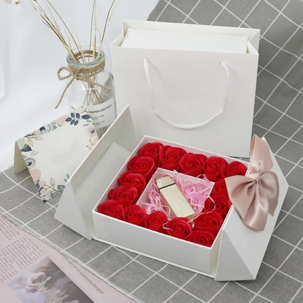 Delicate Eternal Life Rose Box Magnetic Square Double Door Bowknot Design Valentine's Day Packaging Display Case Organizer