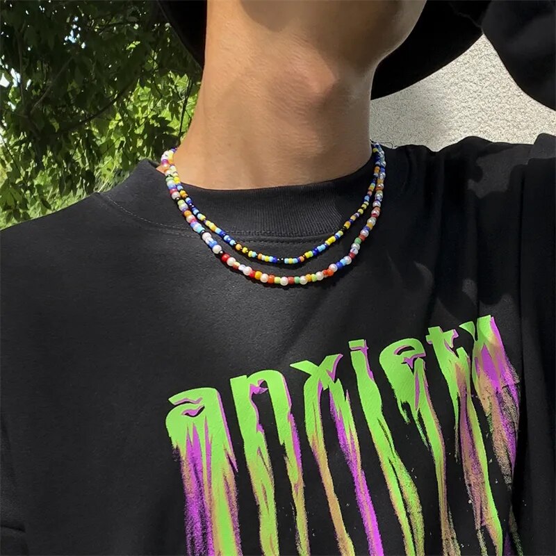 Hip Hop Fashion Male Personality Colorful Rice Beads Beaded Necklace Boho Men Resin Necklace Party Gift Jewelry