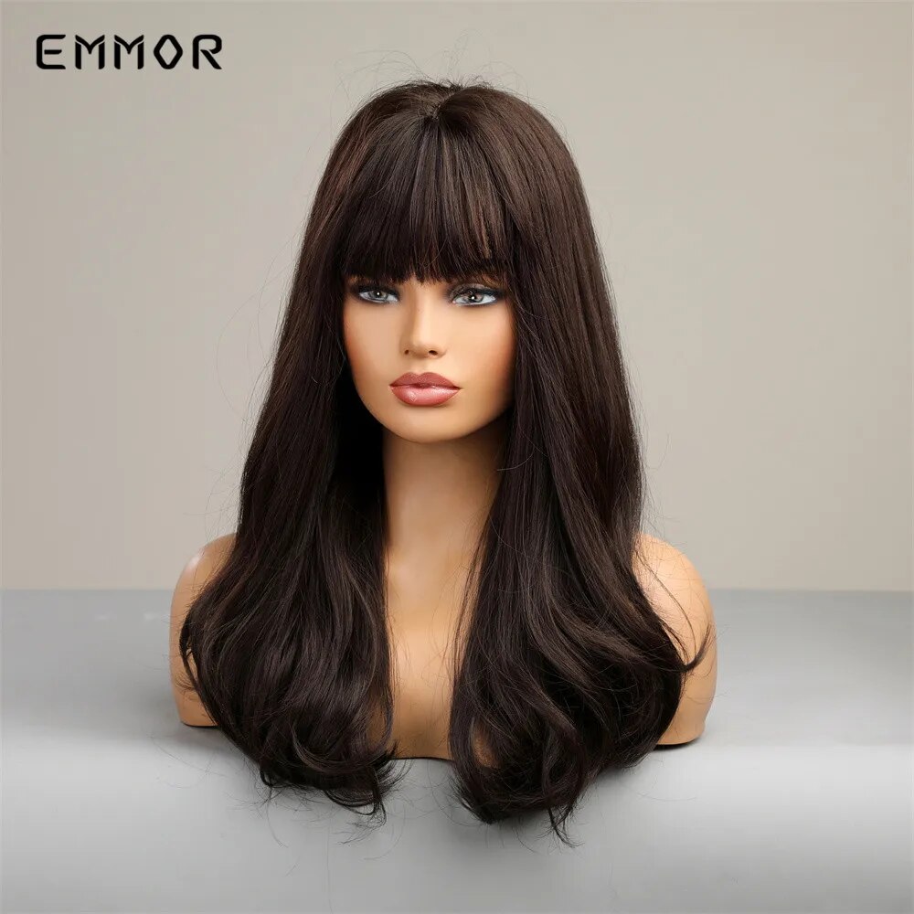 Emmor Synthetic Ombre Brown to Black Wigs Natural Wavy Hair Wig for Women Cosplay Daily Wigs with Bang Heat Resistant Fiber Hair