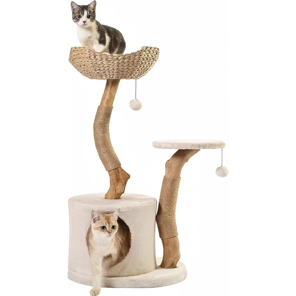 Modern Cat Tree for Indoor Small Cats - Real Wood Cat Tower With Scratch Post Hiding Enclosure -  Pet Products