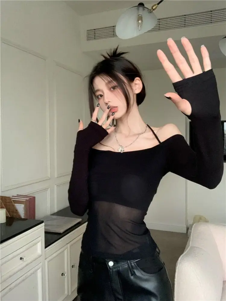 Halter T-shirts Women Slim Black Patchwork Hotsweet New Thin Sexy Off-shoulder Chic Designed Korean Fashion Streetwear Crop Tops