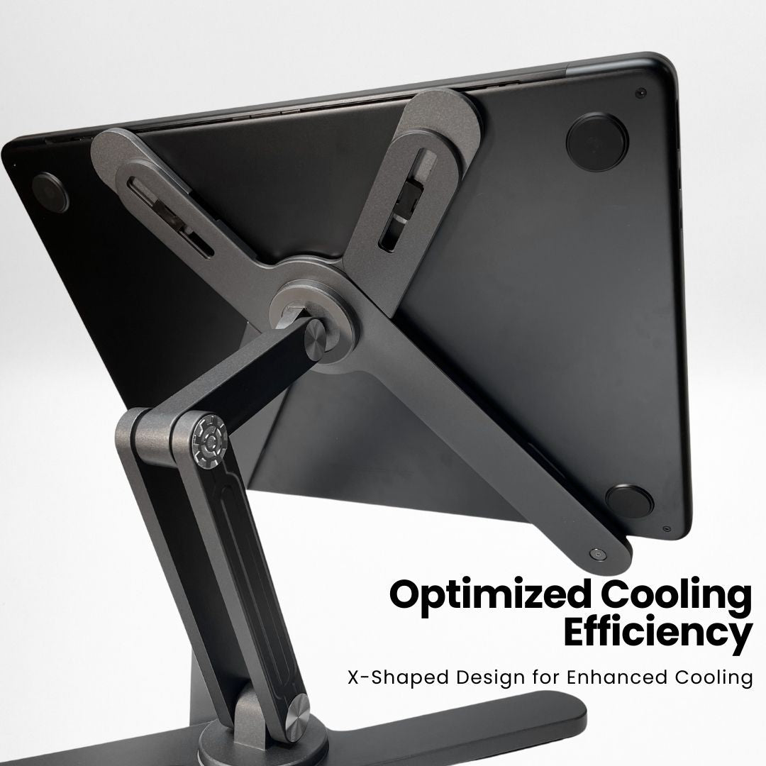 Super Laptop Stand displaying its X-shaped back support for cooling efficiency against a white background | Cyber Vintage | Grey