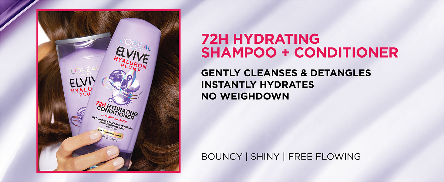 72H hydrating shampoo + conditioner, gently cleanses & detangles instantly hydrates, no weighdown