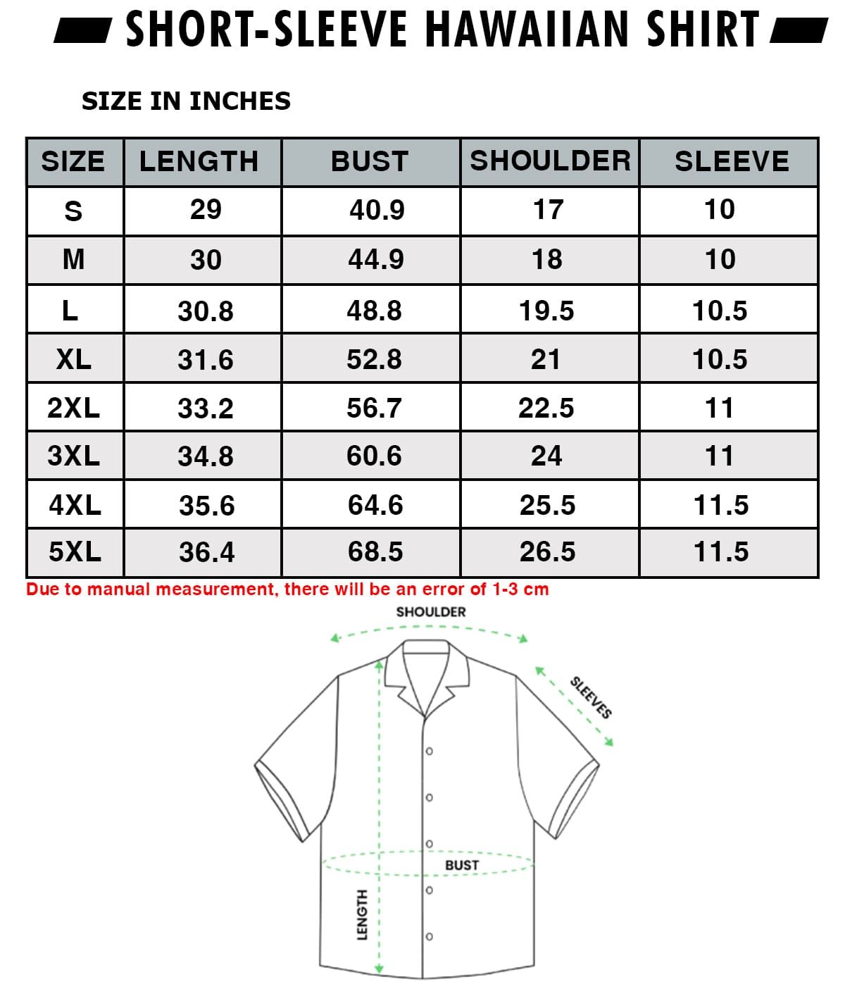 Hawaiian shirt size chart
