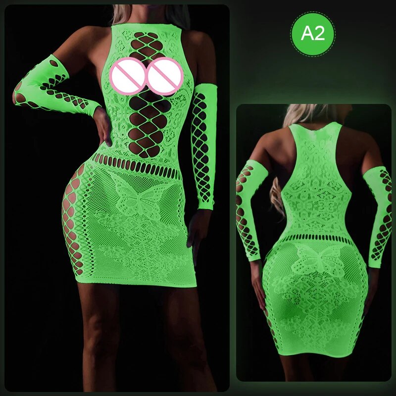 Sexy Women Luminous Bodysuit See Through Hollow Out Net Clothing Exotic Lingerie Mesh Costumes Mesh Dress Underwear Bodysuit New