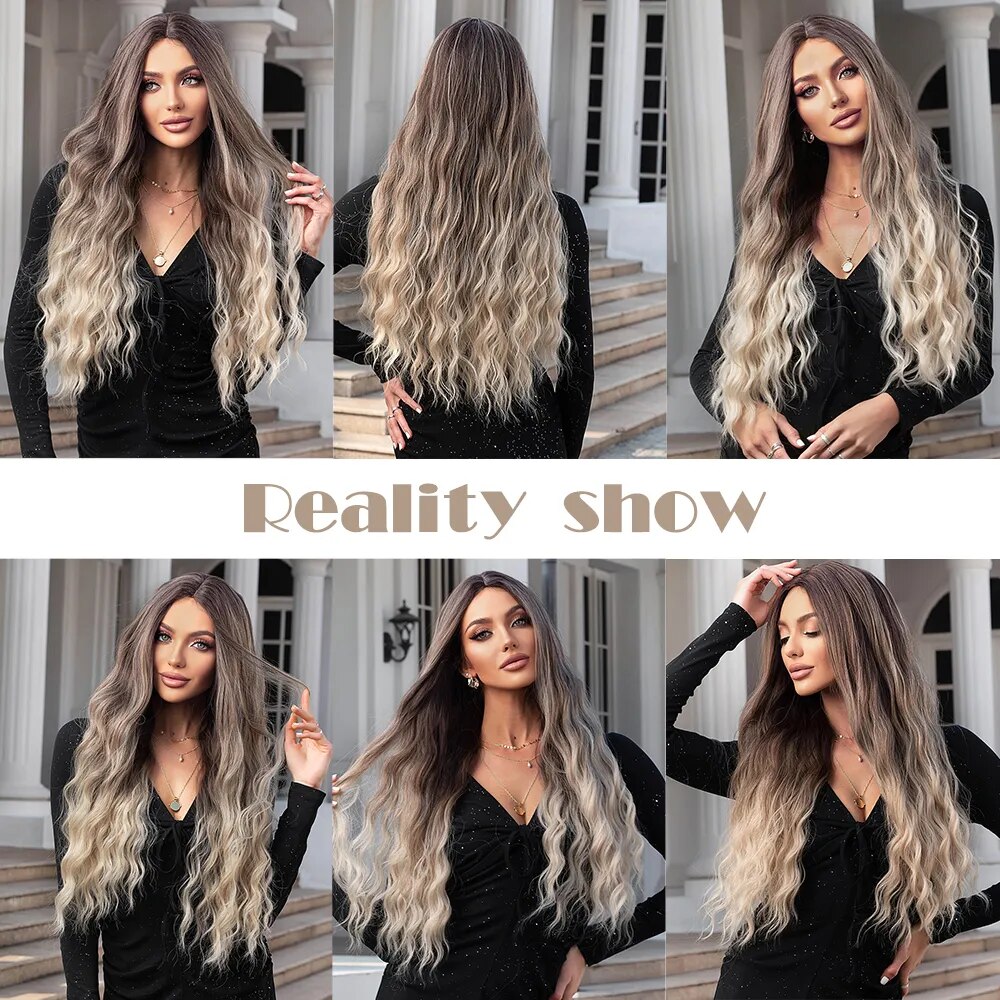 HENRY MARGU Long Curly Wig for Women Afro Ombre Brown Blonde Ash Middle Part Synthetic Wig Cosplay Party Heat Resistant Fake Hai
