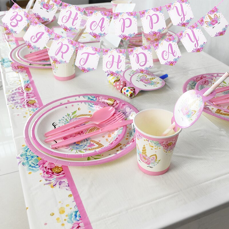 Unicorn Birthday Party Decoration Kids Unicorn Disposable Tableware set Plates Napkins Baby Shower Girl Birthday Party Supplies