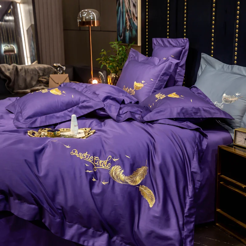2021 Four-piece bedding simple cotton double household bed sheet quilt cover embroidered twill comfortable bedding purple color