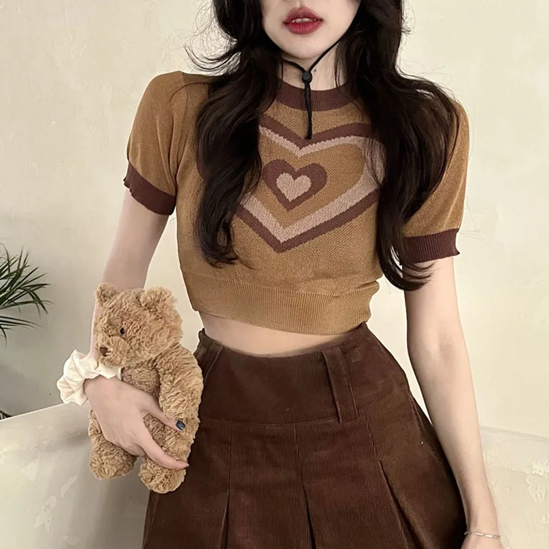 Sweet Women's T-Shirt Retro Short Sleeve Jacquard Love Breathable Slim Fit Knitted Crop Tops Casual Spring Summer Versatile