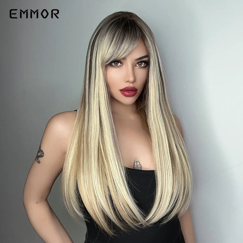 Emmor Synthetic Ombre Black to Blonde Wigs for Women Natural  Straight Hair Wig Cosplay Wigs High Temperature Fiber with Bangs
