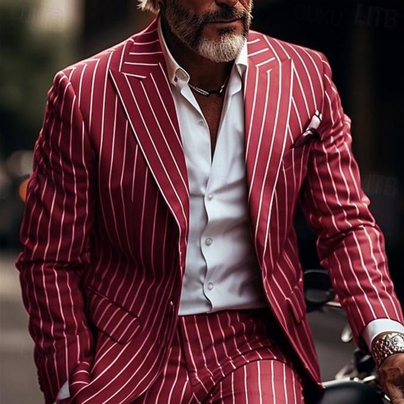 Men's Blazer Business Cocktail Party Wedding Party Without Dress Pants Fashion Casual Spring &  Fall Polyester Stripes Button Pocket Comfortable Single Breasted Blazer Red Blue Green 2024 - US $88.99 –P1