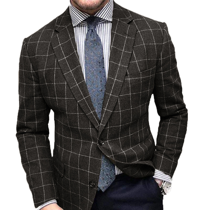 Men's Jacket Blazer Engagement Party Cocktail Attire Breathable Pocket Fall Winter Plaid / Check Business 1920s Turndown Regular Regular Fit Brown Gray Jacket 2024 - US $41.99 –P2