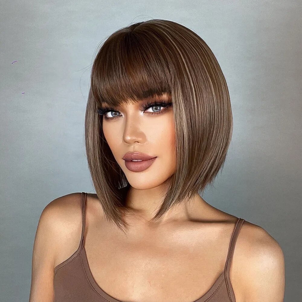 HENRY MARGU Brown Highlight Bob Wig Mixed Color Synthetic Hair for Women Natural Short Straight Wigs with Bangs High Temperature