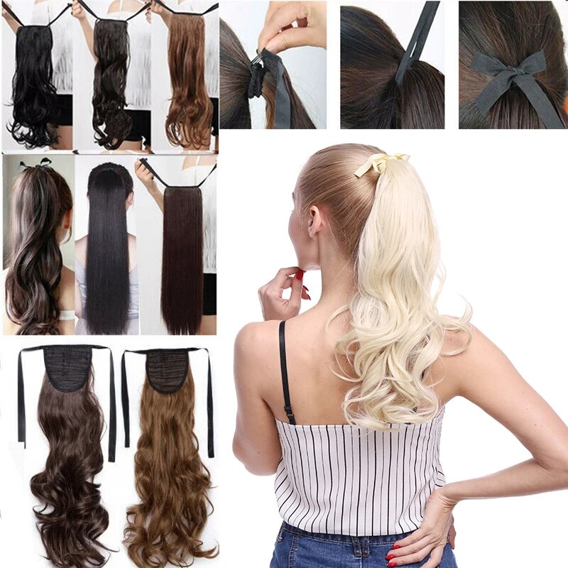 BENEHAIR Synthetic Ribbon Ponytail Extension Fake Ponytail Hair Long Wavy Clip In Hair Extension Hair Pieces For Women