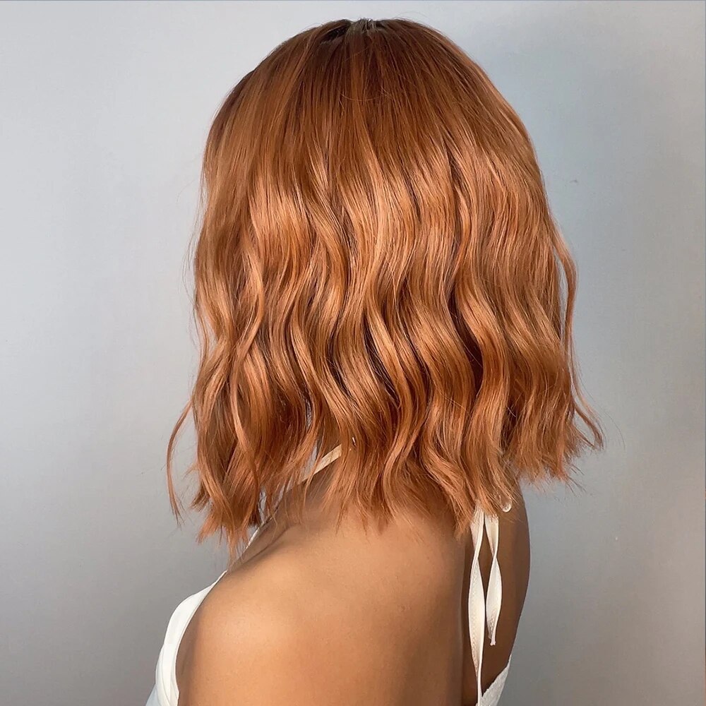 HENRY MARGU Red Copper Ginger Synthetic Wigs with Bangs Medium Water Wave Natural Bob Daily Hair Wigs for Women Heat Resistant