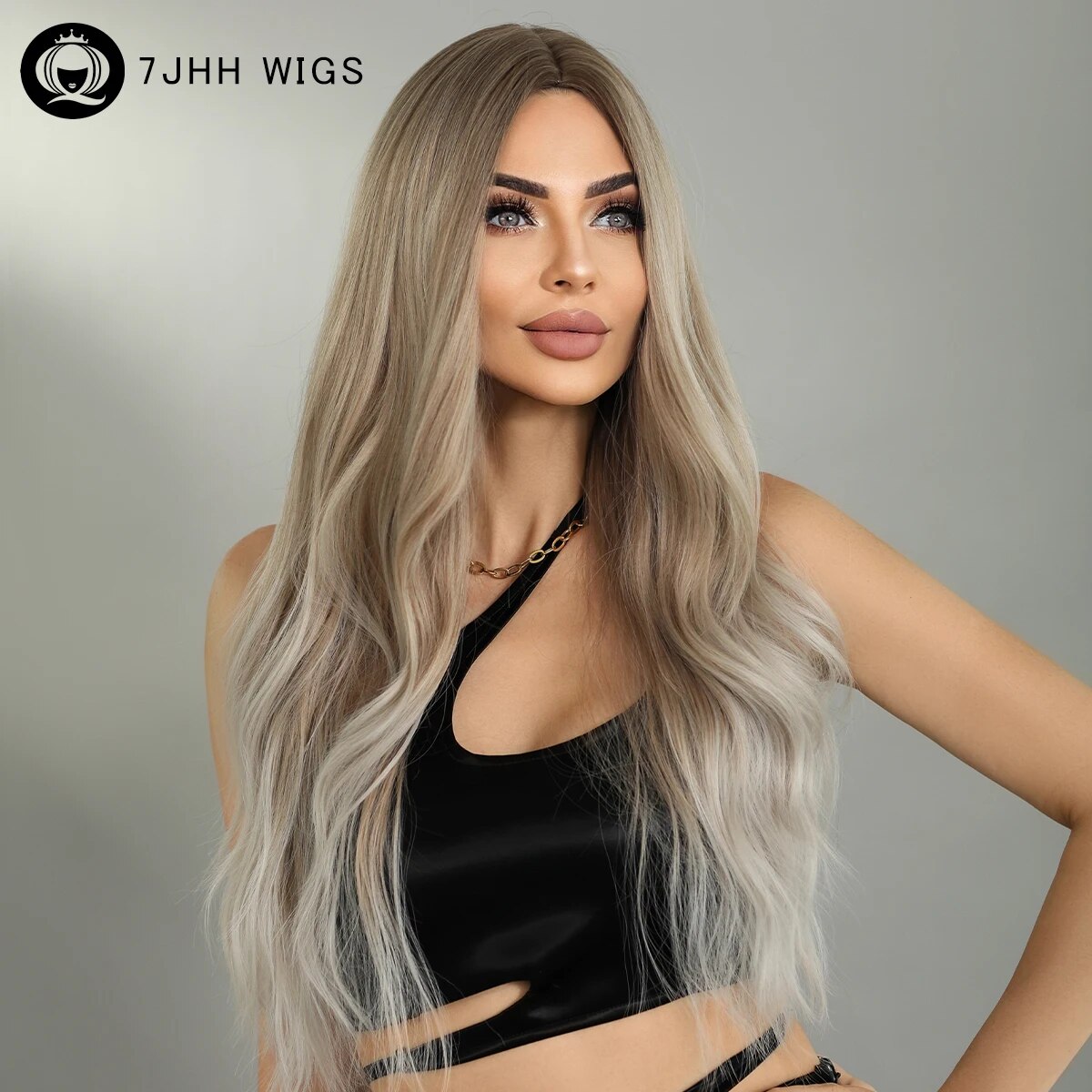 7JHH WIGS Highlight Wig Body Wave Ombre Platinum Blonde Wig with Bangs Synthetic Wigs for Women Cosplay Wig Heat Resistant Hair