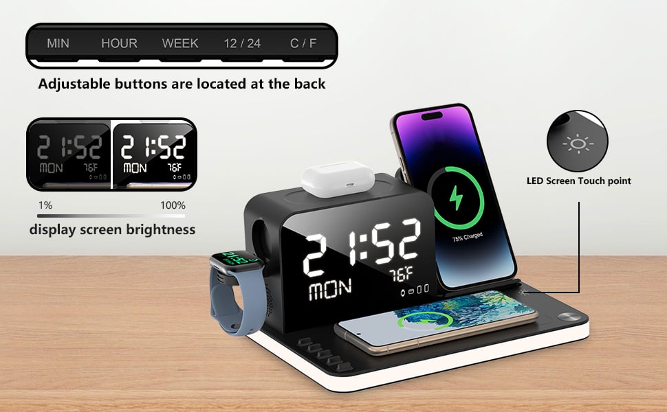 BezosMax charging station with clock for iphone/iwatch/earbuds