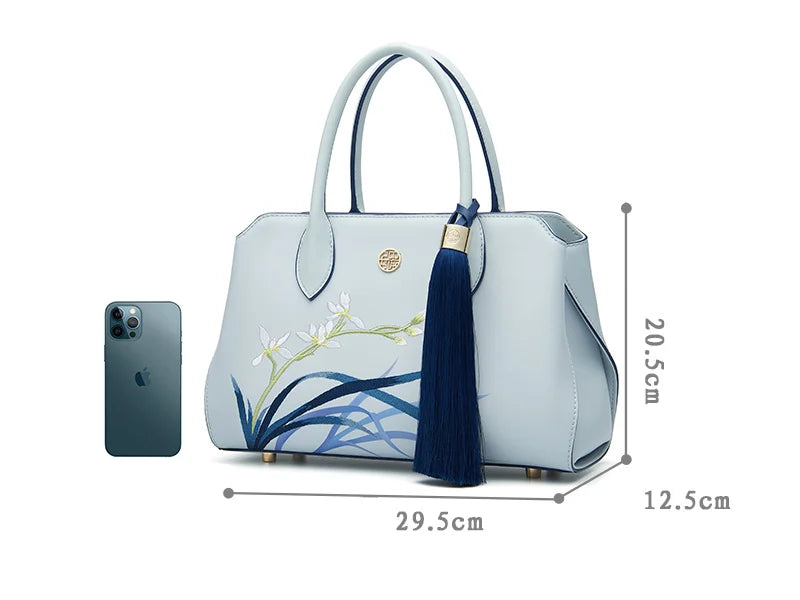 Embroidery Leather Crossbody Tote Bag Blue Orchid Handbag