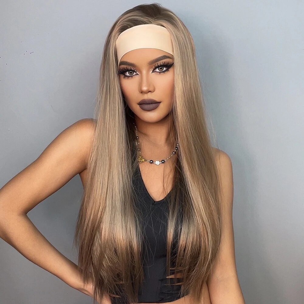 Long Straight Brown Blonde Synthetic Headband Wigs for Black Women Highlight Golden Hair Wigs Daily Cosplay Heat Resistant