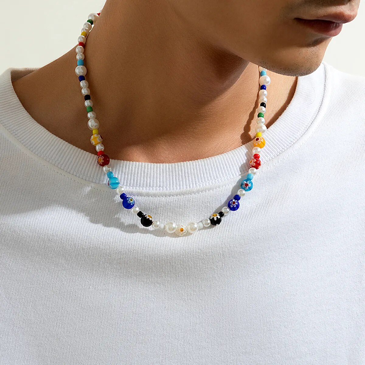 Imitation Pearl and Colorful Beads Short Choker Necklace for Men Trendy Beaded Chains on Neck 2023 Fashion Jewelry Accessories