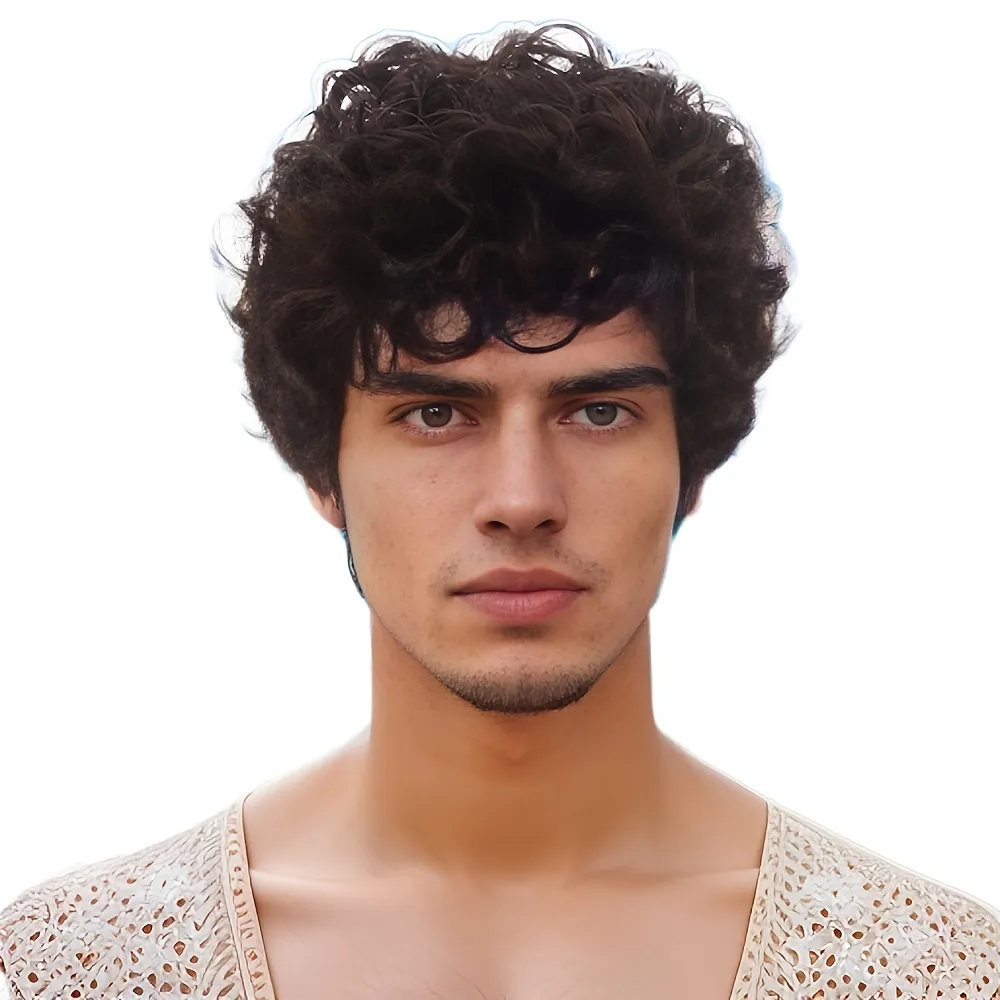 Men's Wigs Short Brown Synthetic Wig with Bangs Curly Fake Hair For Male Cosplay Natural Wig