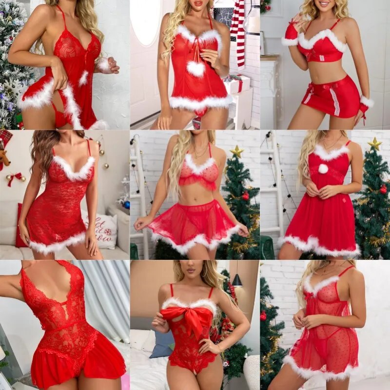 Sexy Lingerie Christmas Dress Hot Sexy Lingerie Erotic Transparent Sleepwear Red Lace Cosplay Costumes Ladies Babydoll For Gifts