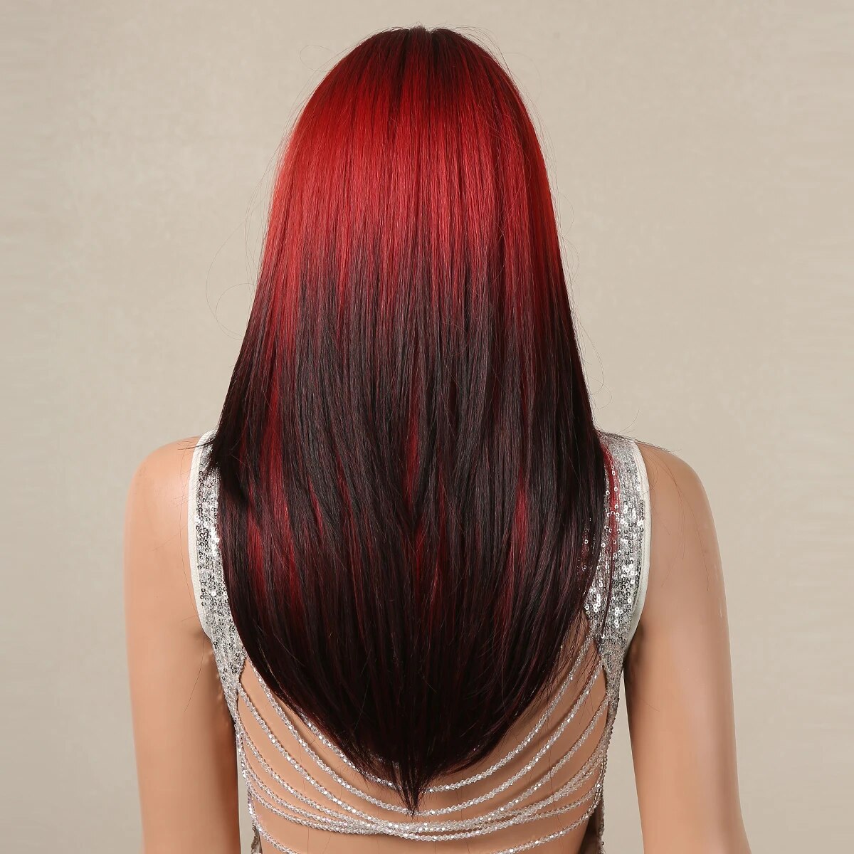 HENRY MARGU Long Straight Layered Wigs With Bangs Ombre Red to Black Wig Heat Resistant Fiber Natural Synthetic Wig for Women