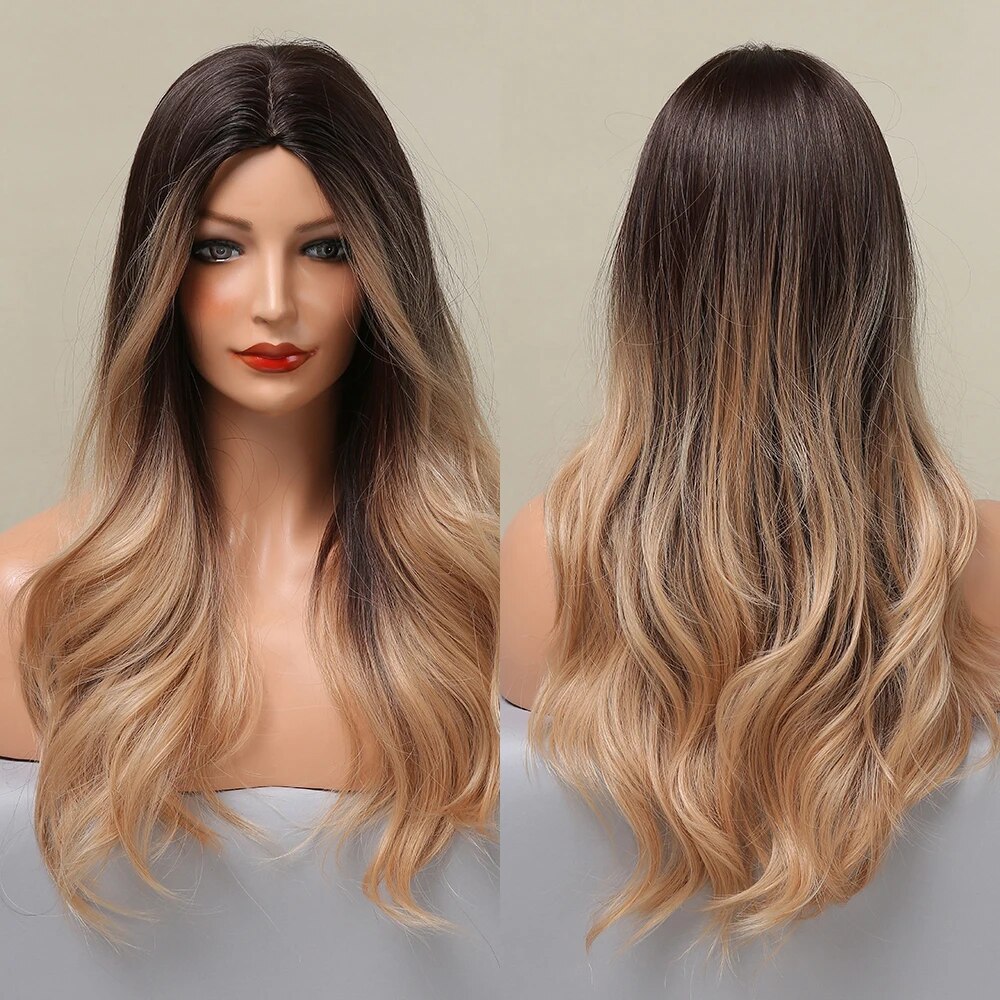 TINY LANA Synthetic Long Ombre Black Brown Blonde Big Loose Wave Wigs For Women Middle Part Cosplay Party Natural Fake Hair
