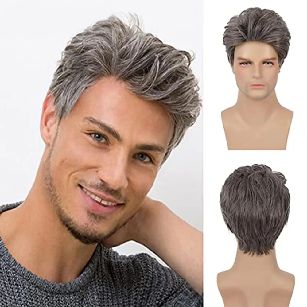 Men's Wigs Short Brown Synthetic Wig with Bangs Curly Fake Hair For Male Cosplay Natural Wig