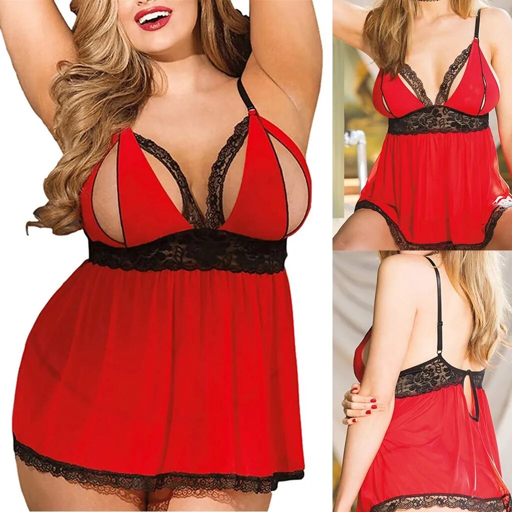 Sexy Sleepwear Women's Plus Size Sleeveless Lingerie Red Baby-doll Lace Split Cup Sleepwear Seksi Gecelik Camisola Lady Clothing