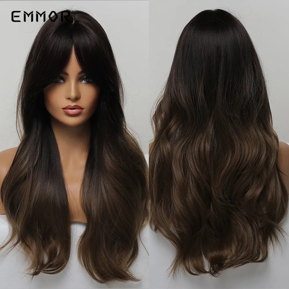 Emmor Synthetic Long Wavy Natural Ombre Brown to Dark Blonde With Bangs Wigs for Women High Temperature Fiber Body Wave Wigs