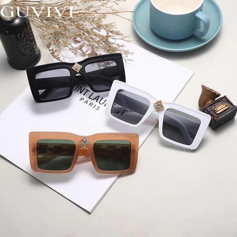 Luxury Rhinestone Square Retro Sunglasses Punk Oversize Geometric Diamond Decor Eyeglasses Women Men Hip Hop Shades UV400