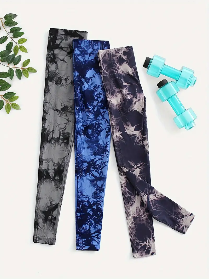 3pcs tie dye high waist sports leggings running workout fitness yoga tight pants womens activewear wide waistband details 50