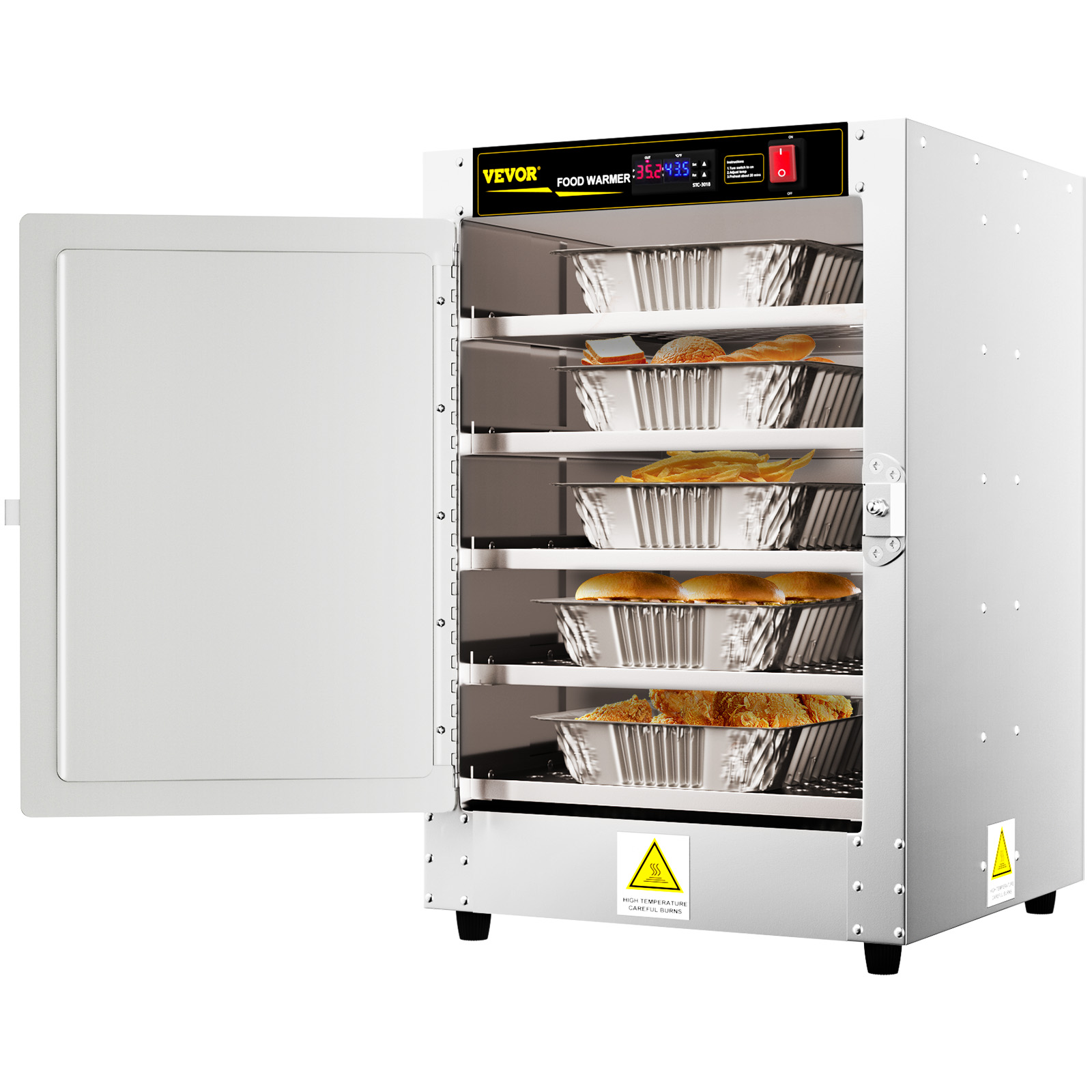 VEVOR hot box food warmer with trays of food, stainless steel design, and digital temperature control.