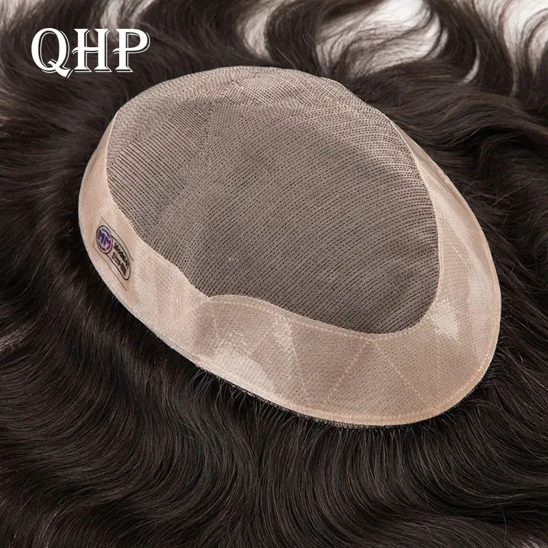 QHP Wigs Human Hair Toupee  Wig Men Fine Mono NPU Men's Capillary Prosthesis Durable Male Indian Hair Replacement System Natural