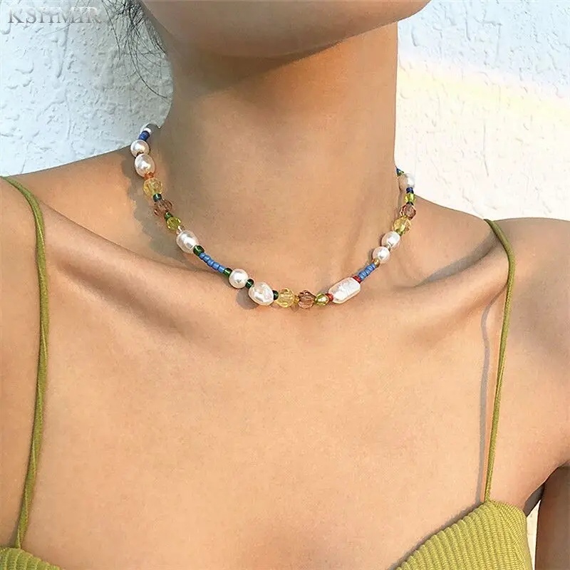2022 new Bohemian colorful beaded handmade pearl stitching necklace exquisite temperament designed for women