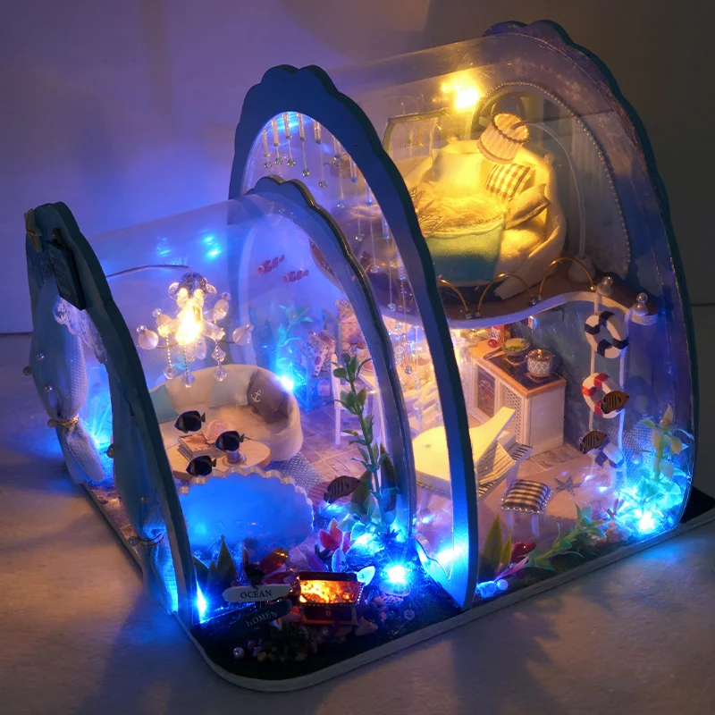 DIY Miniature Wooden Dollhouse Kit with Furniture Upgrade Blue Ocean Room Casa Doll House for Children Adult Christmas Gifts