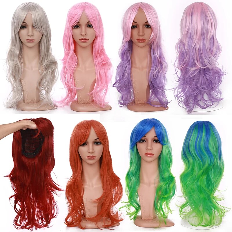 BENEHAIR Loose Wave Wigs Halloween Cosplay Party Women Bangs 23 inch Long Curly Hair Synthetic Wig 28 Colors