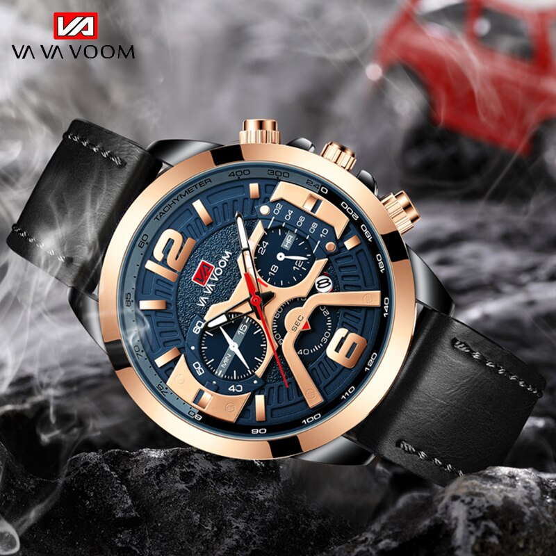 VAVA VOOM Leather Men Watche Luxury Top Brand Fashion Casual Dress Quartz Wristwatch Relogio Masculino Business Calendar Watches