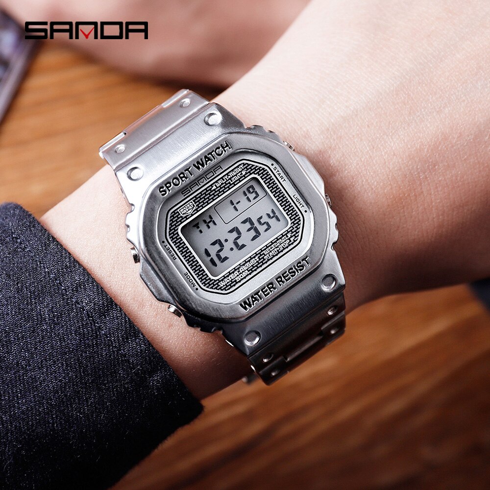 SANDA Top Brand Luxury Men's Watches LED Digital Watch Men 5ATM Casual Waterproof Wristwatch Steel Clock Relogio Masculino 390
