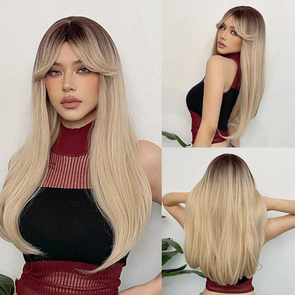 HENRY MARGU Ombre Brown Platinum Blonde Synthetic Wig with Bangs Long Straight Natural Hair Wig for Women Cosplay Heat Resistant