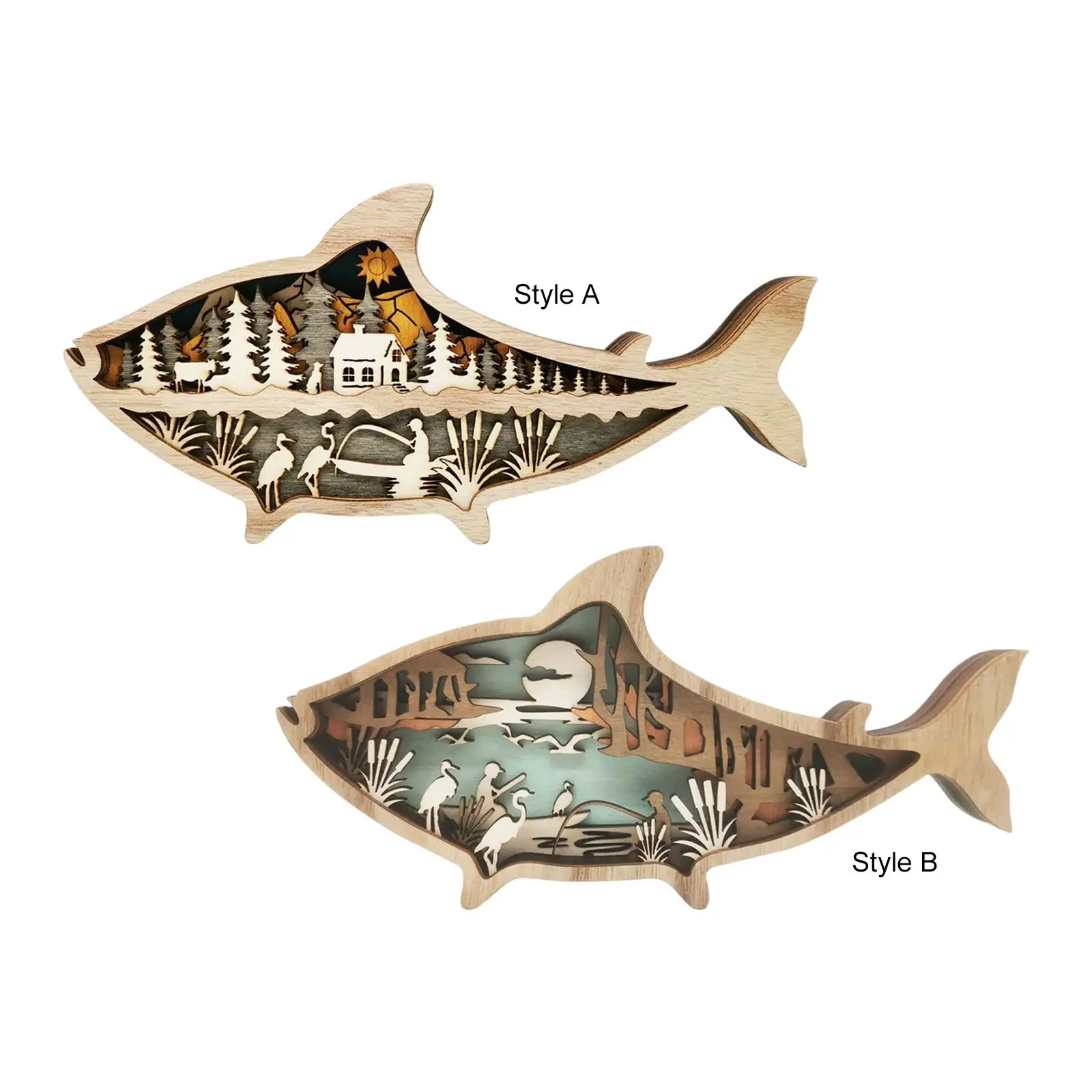 Creative Wooden Sea Creatures Decorative Statues Carved Fish DIY Marine Theme