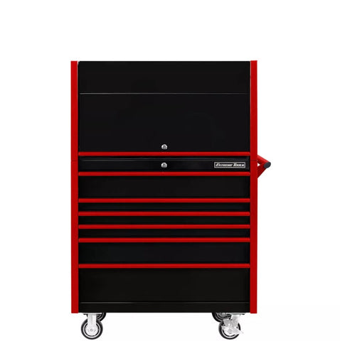 Black Extreme Tools Tool Box Chest With Red Accents Multiple Drawers, And A Side Handle Equipped With Caster Wheels For Easy Mobility