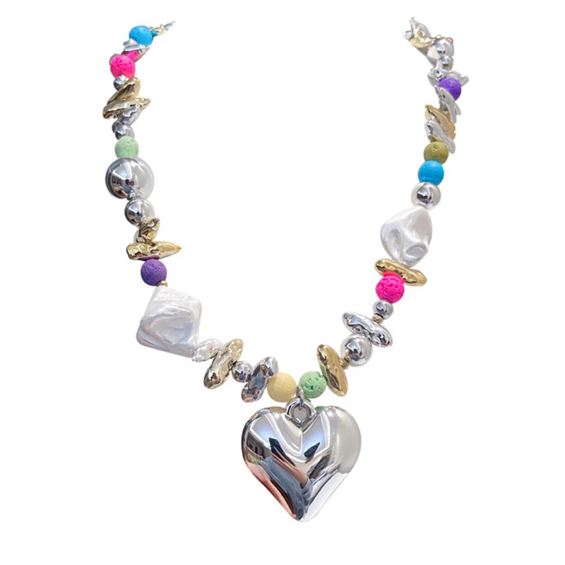 Multi Colors Large Heart Necklace For Women Irregular Metal Colorful Mixed Acrylic Stone Beads Girls Party Fashion Jewelry C1182